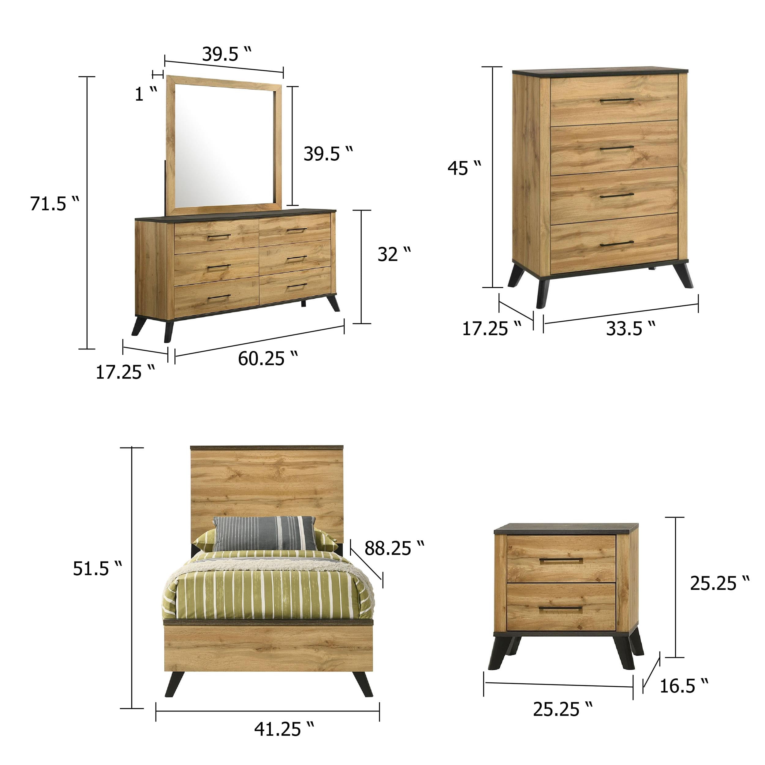 Wemy 5 Piece Twin Size Bed Set-Rustic Brown Pine Wood-Tapered Legs