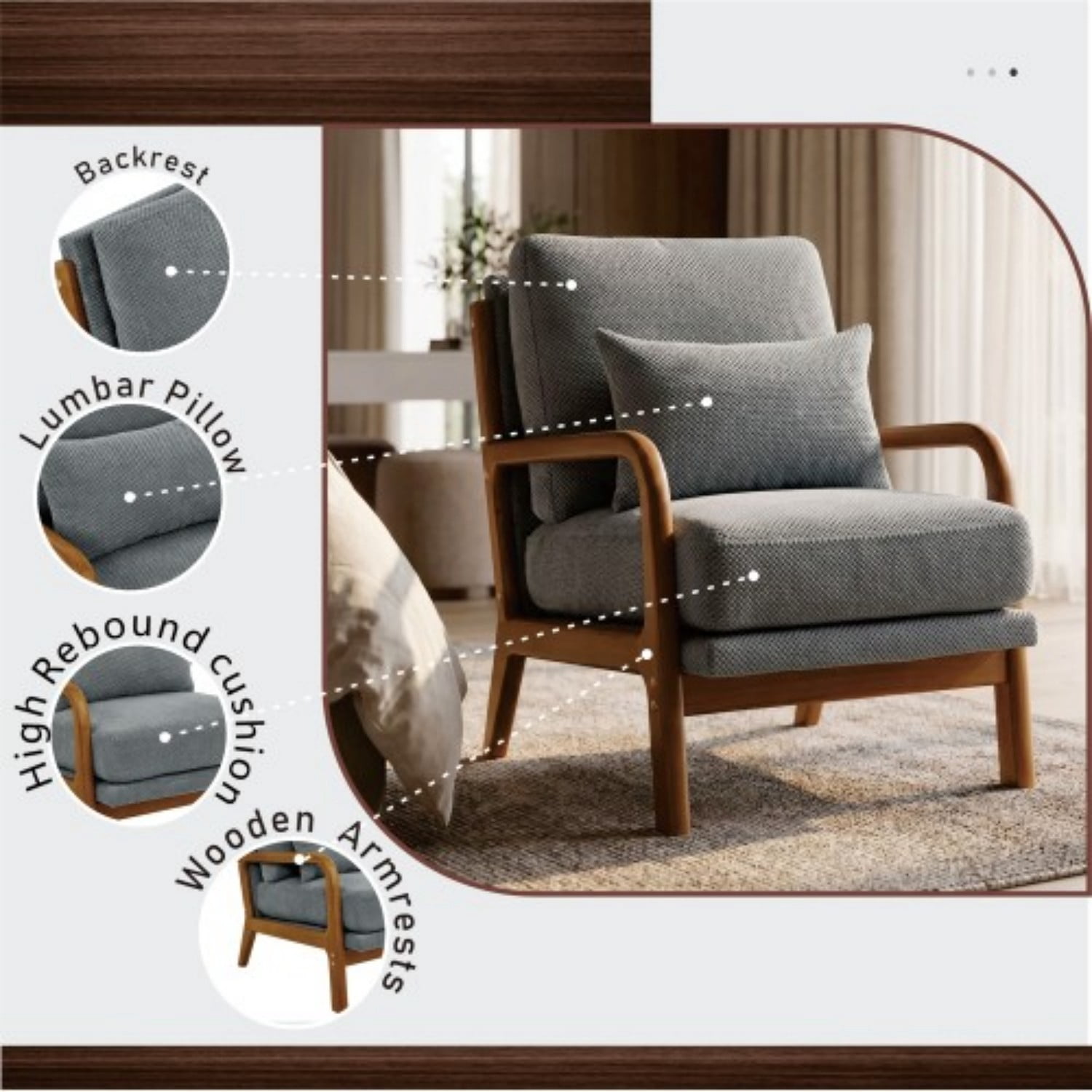 Wooden Lounge Accent Chair with Solid Wood Armrests, Upholstered Reading Chair with High-Density Foam Cushion, Modern Leisure Armchair for Living Room, Bedroom, Balcony & Office, Light Gray