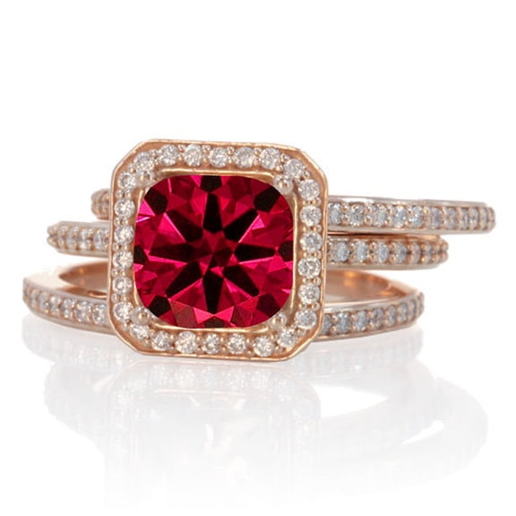 2.50 Carat Perfect Princess cut Ruby and Diamond Trio Halo Wedding Ring Set on 10k Rose Gold