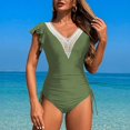 thumbnail image 3 of Yajing Women V Neck Non Ring Nylon Solid Color Flying Sleeve Swimsuit Green M Tummy Control Swimsuits for Women, 3 of 4