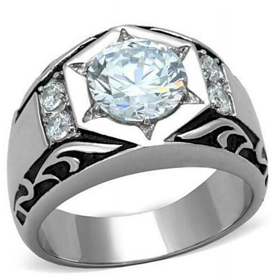 Alamode TK1606-10 Men High Polished Stainless Steel Ring with AAA Grade CZ in Clear - Size 10