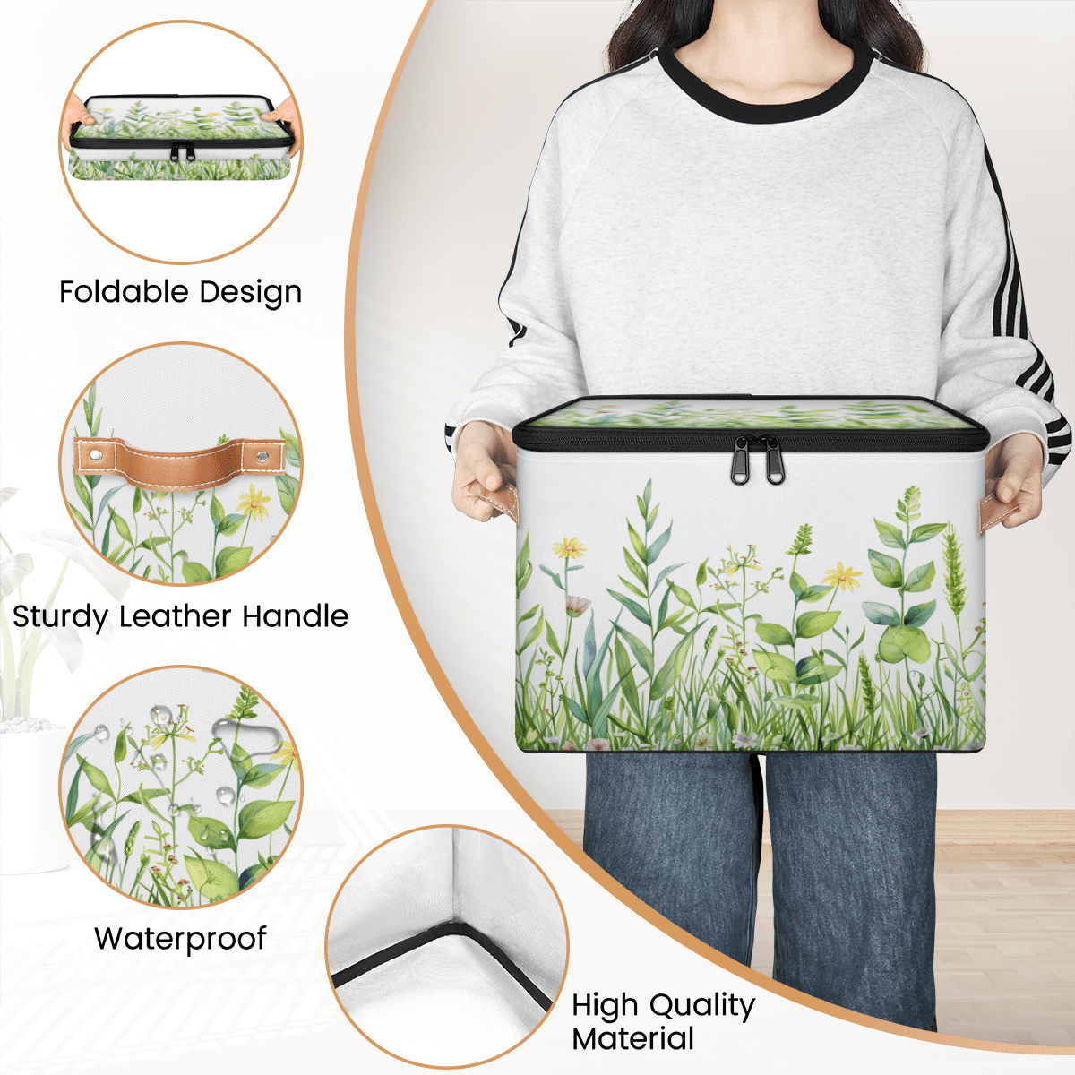 CURLYOOT Spring Floral Fabric Storage Bins with Lids, Farmhouse Summer Flowers Foldable Storage Boxes Washable Storage Cube, Closet Bedroom Home Organizer Containers with Handles