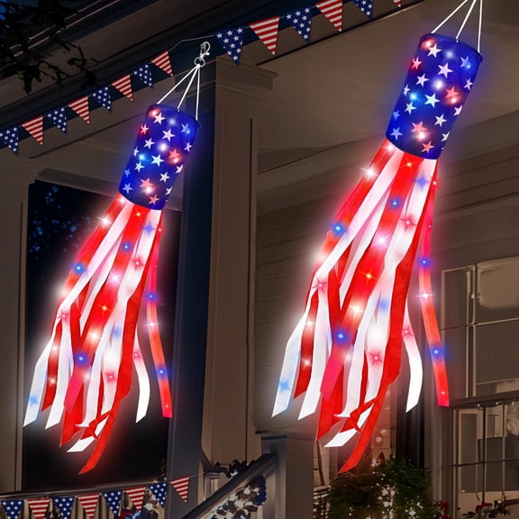2 Pack 50 Inch Large American Flag Windsock with Lights 4th of July Decorations, 250th Anniversary USA Patriotic Fourth of July Outdoor Decor, Red White Blue Star Stripes Independence Day