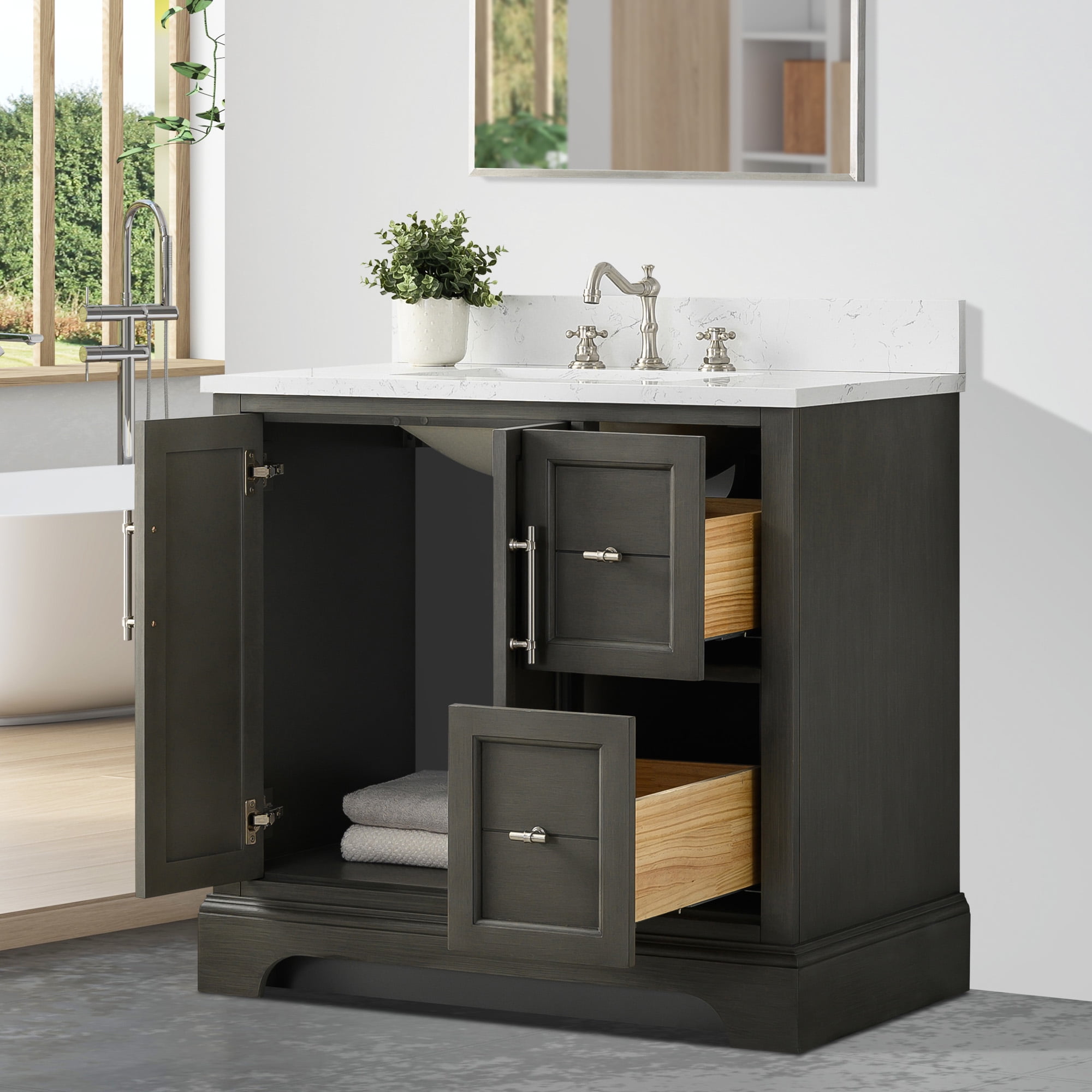 Vanity Art 36 x 22 x 34 in. Single Sink Bathroom Vanity with Quartz Top & Backsplash, Silver Grey