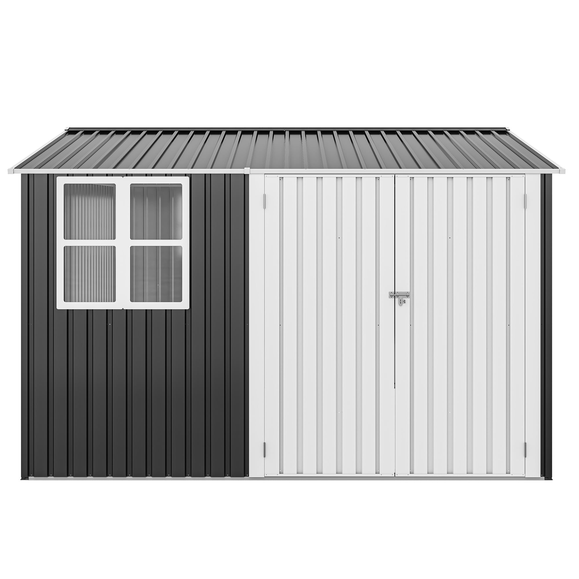 Uforic Metal Outdoor Storage Shed, 10x10ft Steel Tool Shed with Window, Lockable Door and Sloped Roof, for Backyard Patio Garage Lawn, Gray and White
