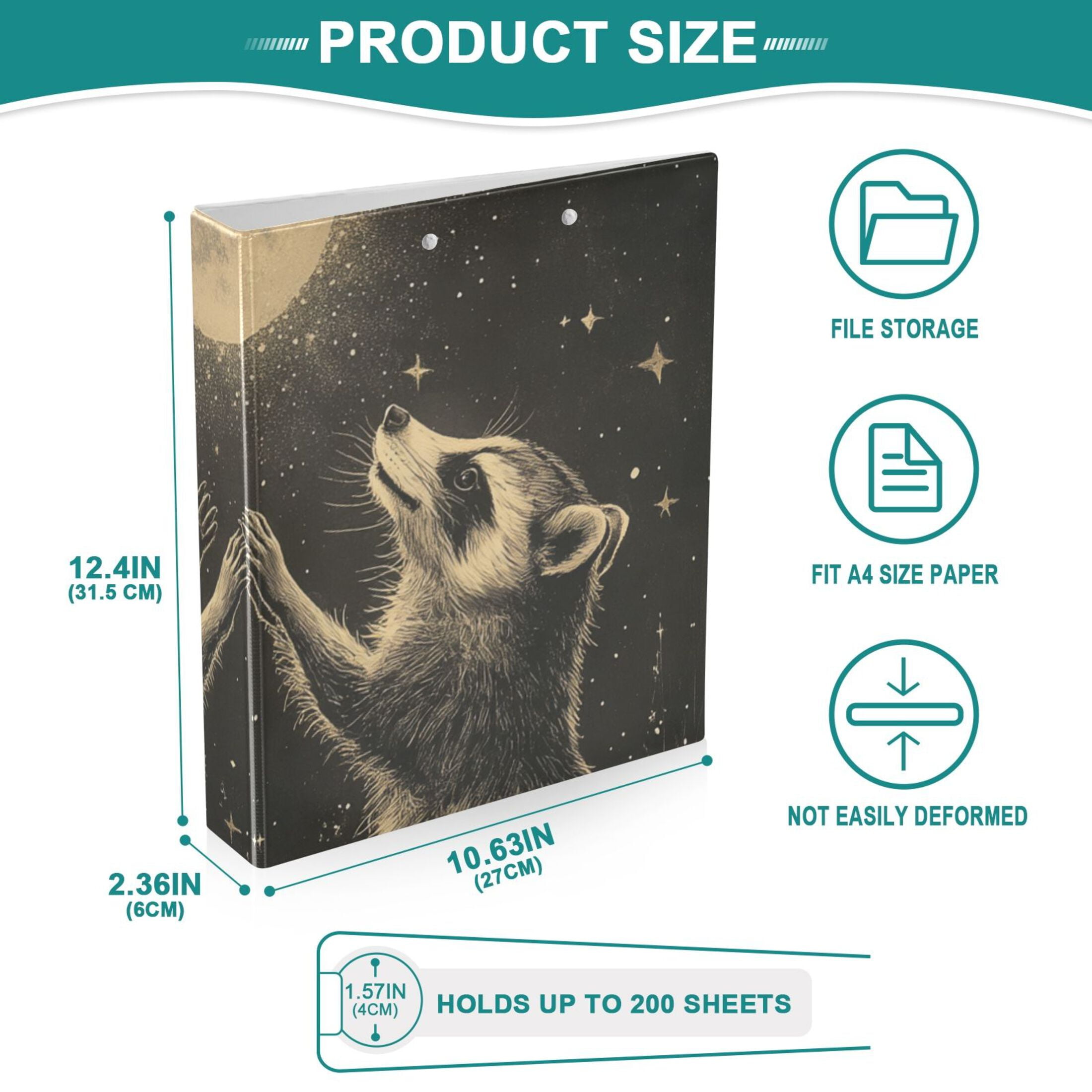 Raccoons Moon Stars 3 Ring Binders 1.5 inch Hardcover File Folders with Interior Pockets A4 Size Organizer for School Office Hospital