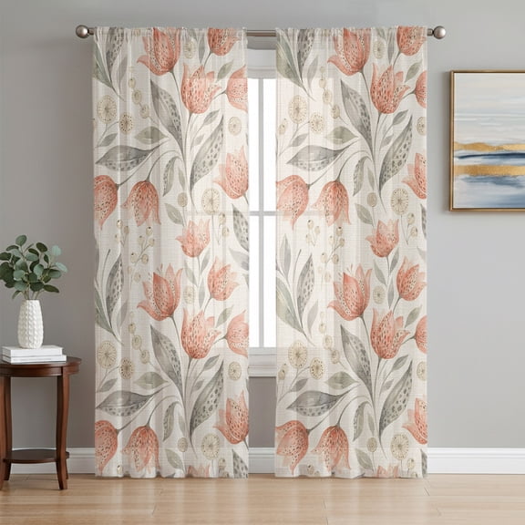 Peach Floral Sheer Curtains 63 Inches Long, Farmhouse Botanical Garden Flowers Light Filtering Window Curtains for Living Room/Bedroom, Rod Pocket Voile Sheer Curtain Drapes, 52"W x 63"L, 2 Panels