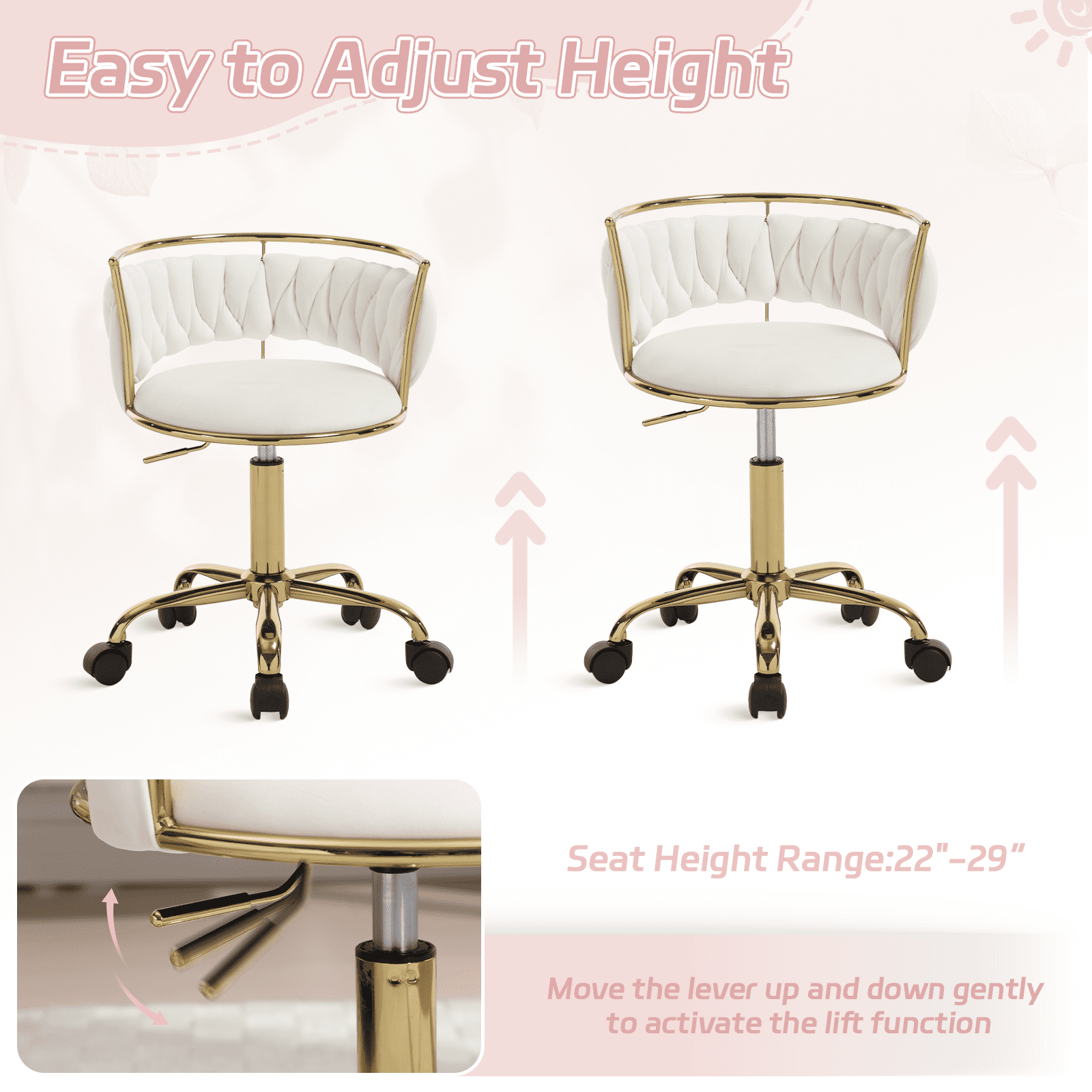 Guyou Kids Desk Chair, Velvet Rolling Swivel Children Chair, Adjustable Student Task Chair, Curved Woven Backrest Vanity Chair for Bedroom Dormitory Children Gifts, White