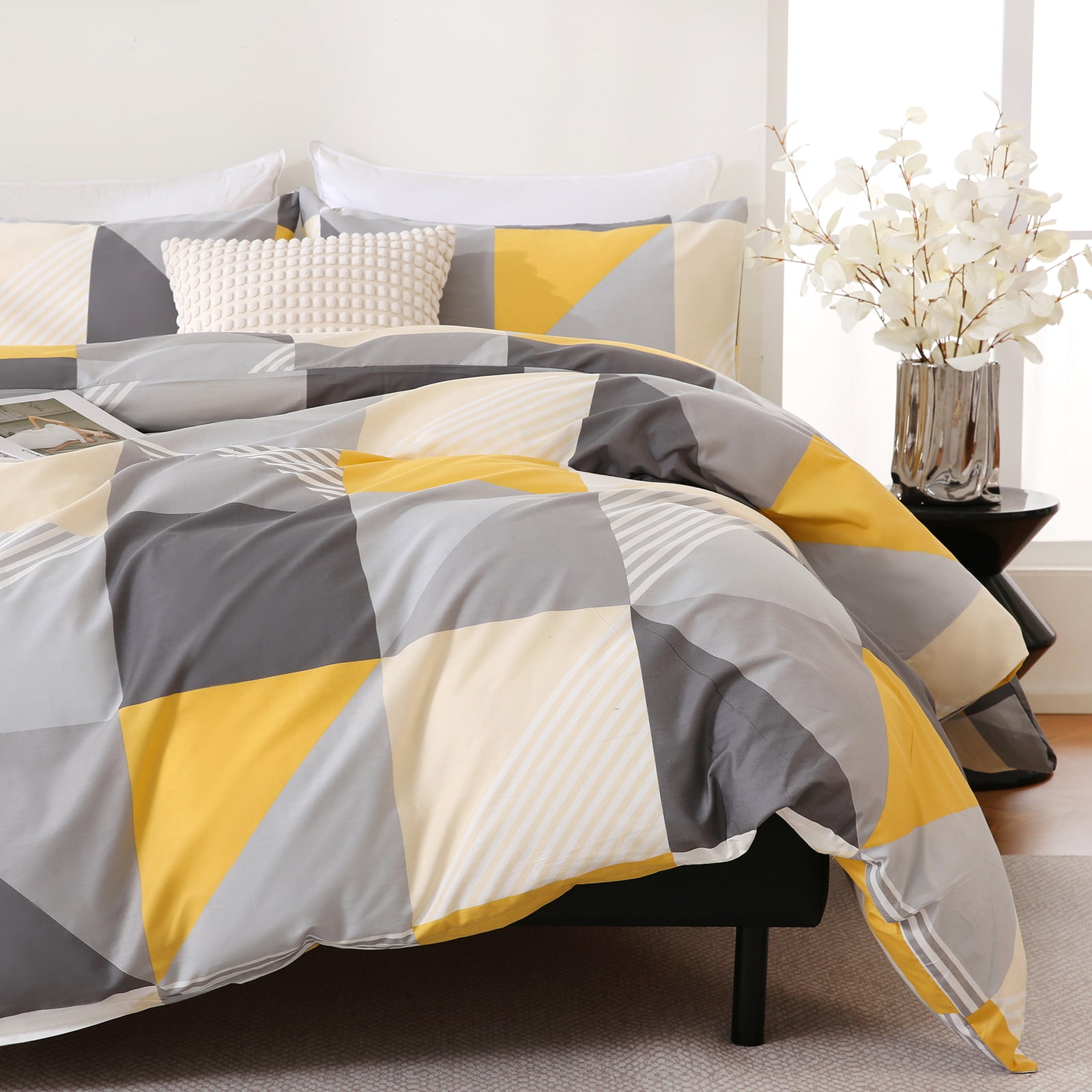 Move Over Yellow and Gray Duvet Cover Set King 100% Cotton Geometric Duvet Cover Set Soft and Breathable Yellow Gray Neatural Style Geometric Plaid Bedding Set with Zipper Closure and Corner Ties