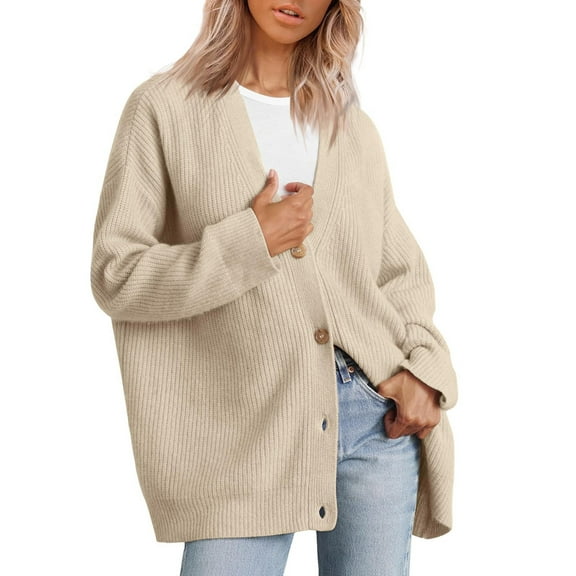 VISALY Cropped Cardigan Long Sleeve Cardigan Women's Cardigan Front Oversized Lightweight Sweaters V Neck Loose Cardigans Knit Outwear Button Down Cardigans Chunky Cardigan Sweaters Beige L