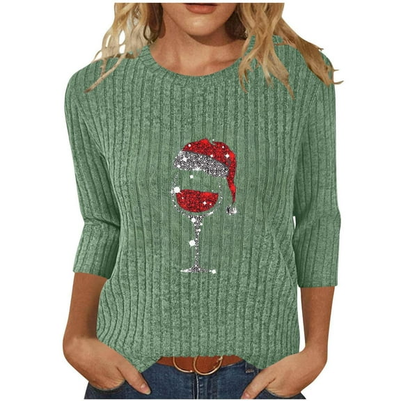 Christmas Tops for Women Trendy Wine Glass Printed Long Sleeve Ribbed Sweater T-Shirts Crewneck Holiday Outfits (XL, Green)