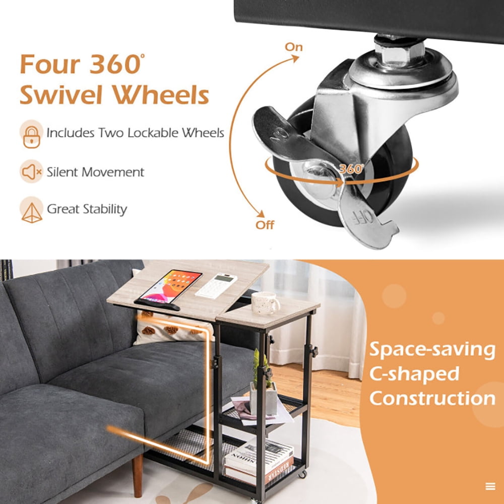 Finihen End Side Table, Adjustable C-Shaped Bedside Table with Wheels, Sofa Side Table, Bed Side Table, for Living Room, Bedroom, Natural Finihen End Side Table, Adjustable C-Shaped Bedside Table with Wheels, Sofa Side Table, Bed Side Table, for Living Room, Bedroom, Natural