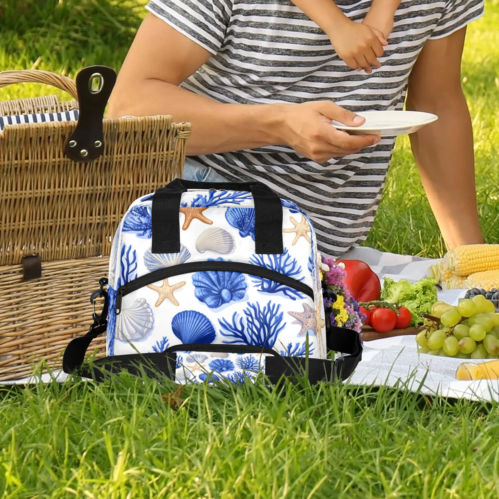 Herdesigns Starfish and Seashells Lunch Bag for Women Men Adult, Nautical Coastal Large Insulated Reusable Lunch Box Leakproof Portable Cooler Tote Bags for Work Picnic Beach