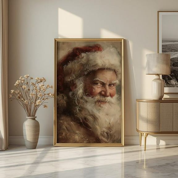 Vintage Santa Portrait Wall Art, Christmas Print Art, Neutral Rustic Santa Print, Antique Santa Claus Oil Painting, Winter Holiday Decor, 32x48 UNFRAMED
