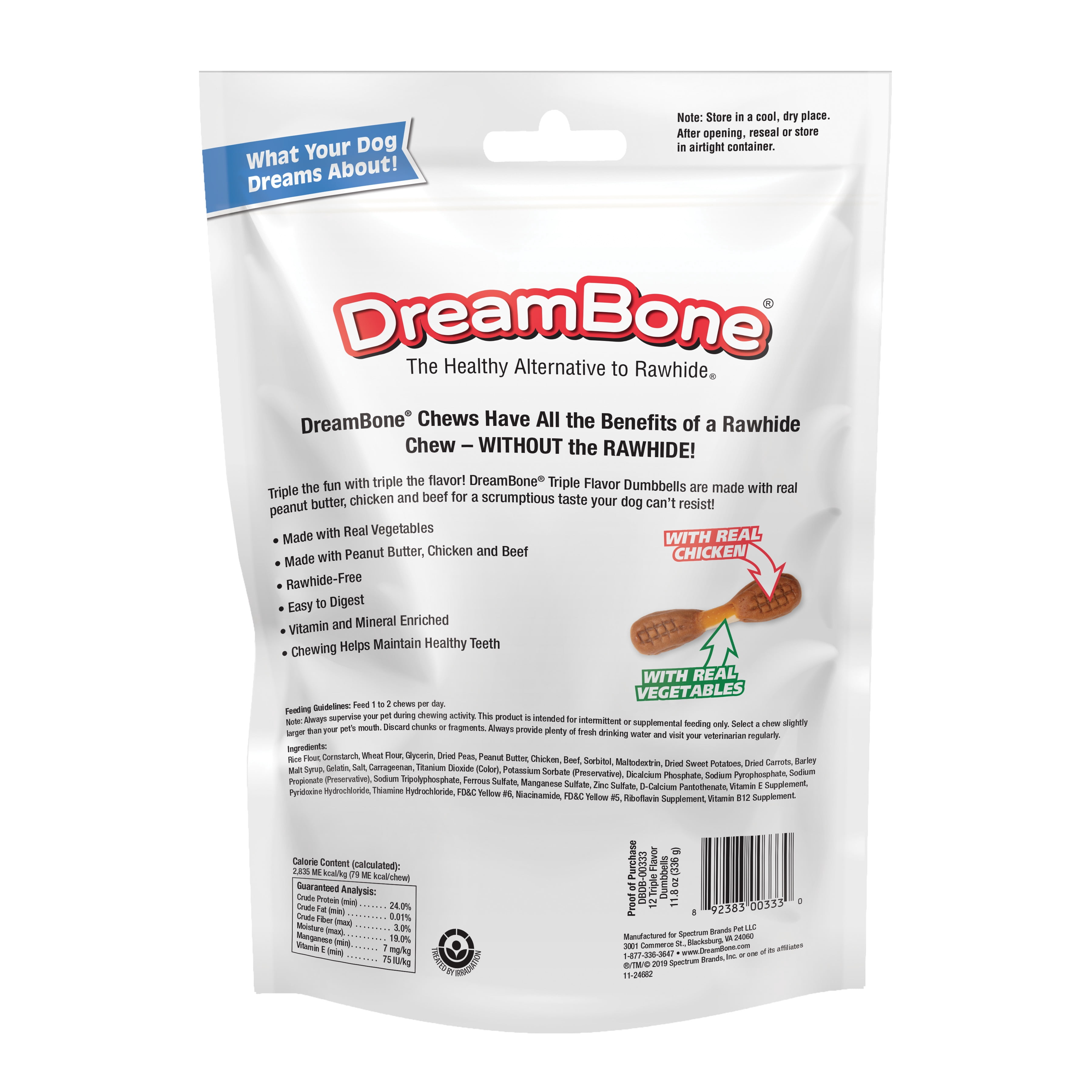 (2 pack) DreamBone Triple Flavor Dumbbells Rawhide-Free Chews for Dogs, Made with Peanut Butter, 12 Count