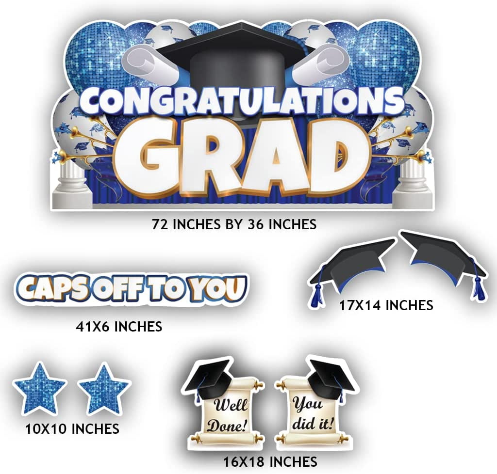 VictoryStore Oversized Blue Congratulations Grad, Caps Off To You EZ Yard Card Set, 8 Pieces