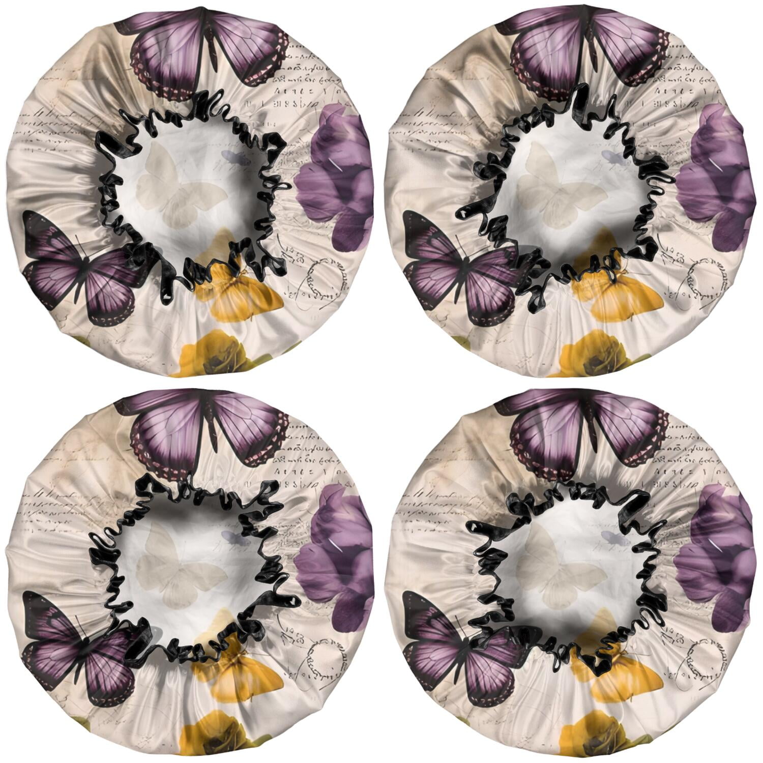 Shower Caps,Vintage Butterfly Flower Pattern Waterproof Shower Cap for Women 4 Pieces,Double Reusable Hair Cover for Shower PEVA Elastic Stretch Hem