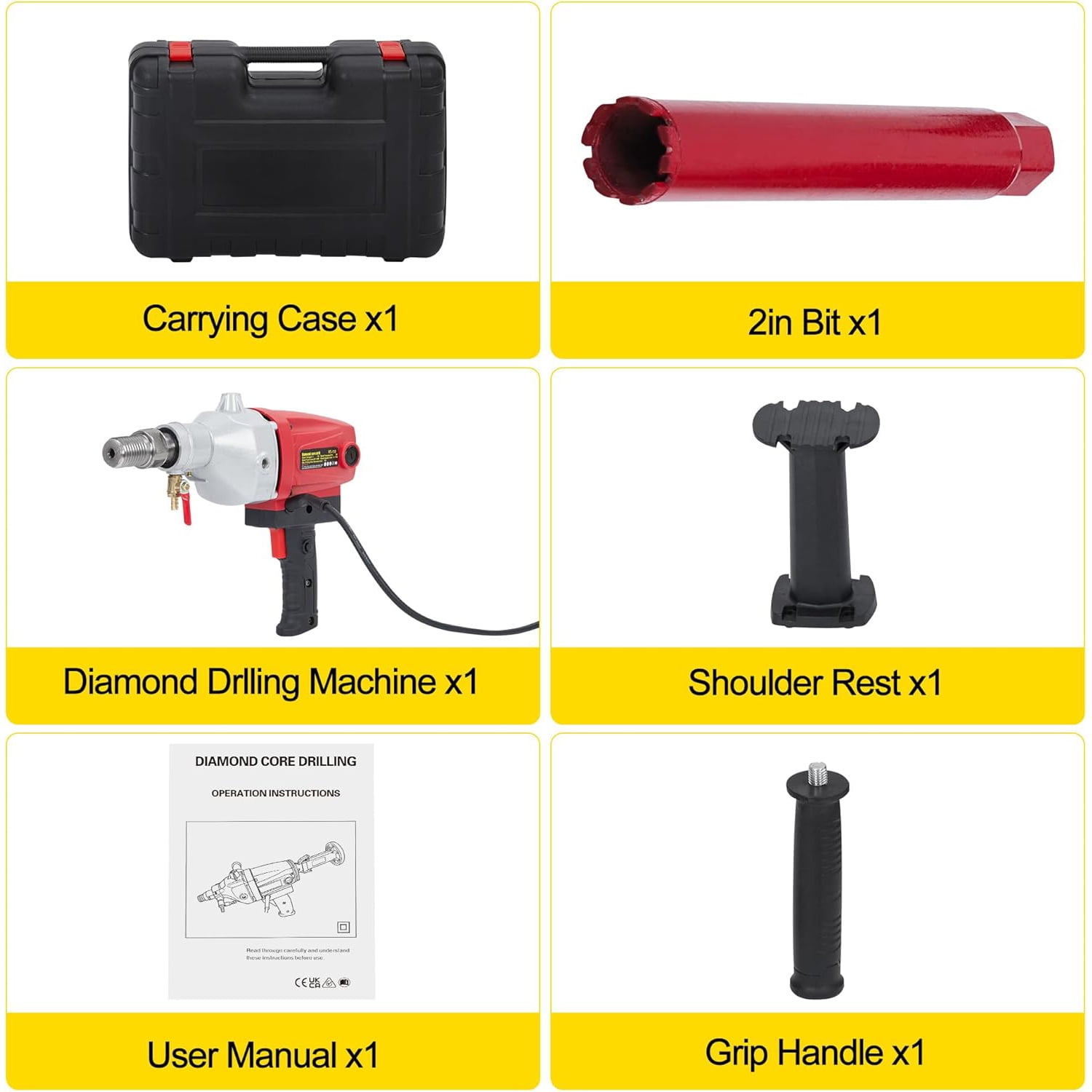 Telyswee 1500W Handheld Diamond Core Drilling Machine, 2-Speed Concrete Core Drill Rig (1100RPM/2400RPM), 1-1/4" Thread Power Drill for Brick, Concrete, Block, and Stone