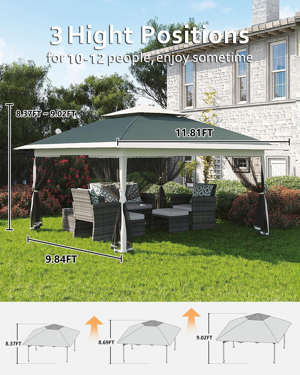 Roromall 12x12 Canopy Tent, Pop Up Canopy Gazebo with Mosquito Netting, Outdoor Gazebo with 4 Sandbags & Wheeled Bag, for Backyard & Patio Furniture, Patio, Deck