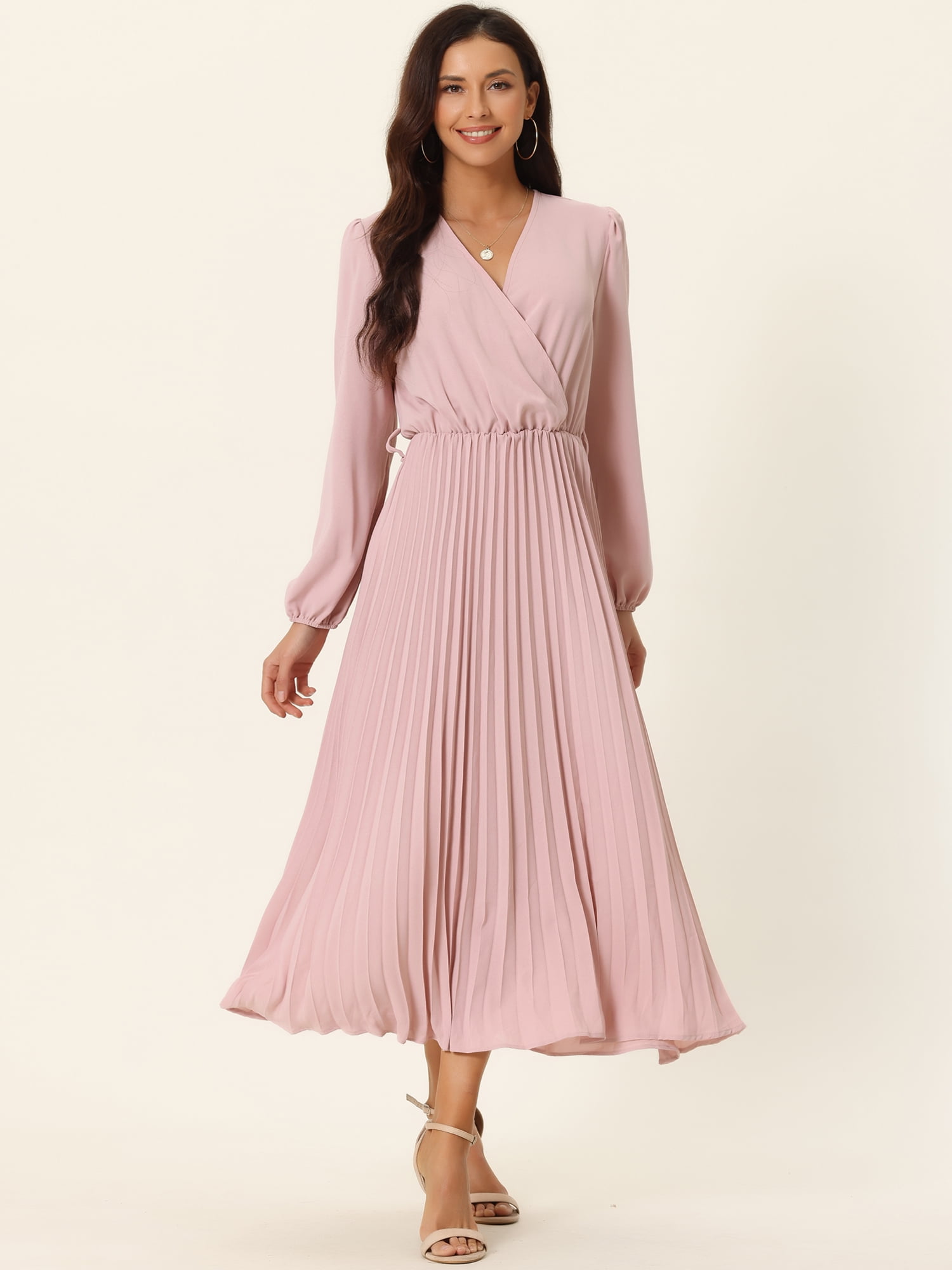 Unique Bargains Women's Long Puff Sleeve Flowy Ruffle Pleated Dress with Belt M Dusty Pink