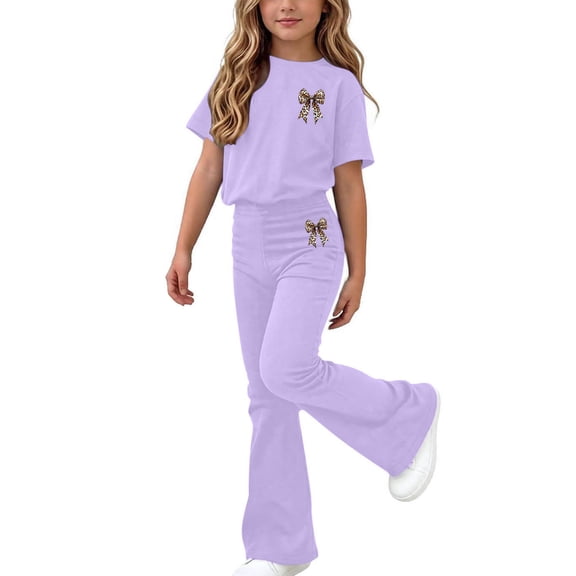 Girls Clothing Set Teen 2 Piece Outfits Round Neck Oversized Short Sleeve Tops Flare Pants Sets School Loose Purple 13-14 Years