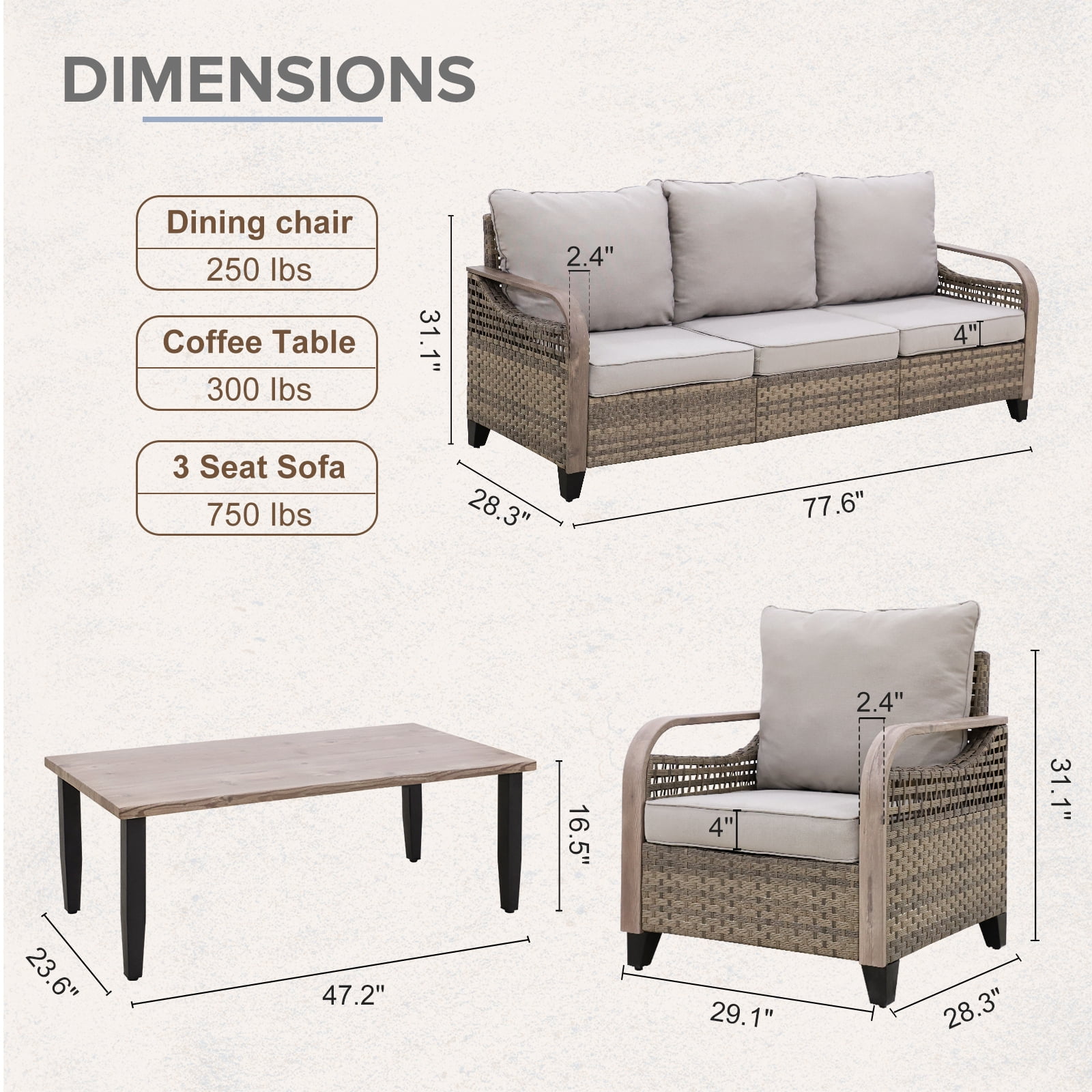 COOS BAY 4 Piece Brown Wicker Patio Sofa Set Outdoor Rattan Furniture Conversation Set 3-Seat Sofa, Dinning Chairs with Gray Cushions and Wood Grain Top Coffee Table