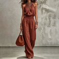 thumbnail image 2 of LEKODE Summer Jumpsuits for Women Cotton Linen Jumpsuits for Women Summer Spaghetti Strap Baggy Long Pants Rompers Sleeveless Jumpsuits Wide Leg Jumpsuit Casual Outfits for Women Brick Red S, 2 of 8