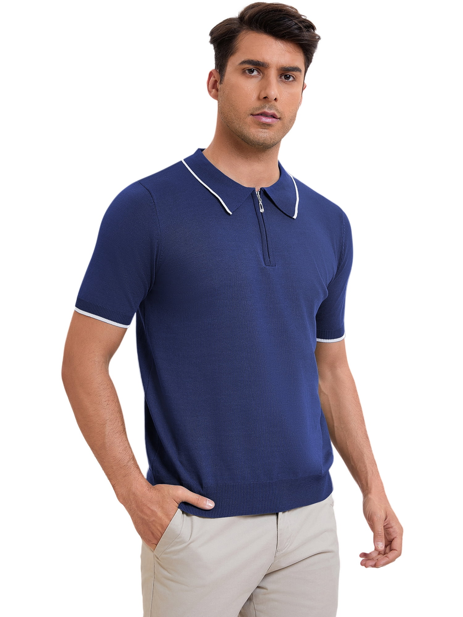 DARING DIVA Men's Formal Short Sleeved Zipper Slim Fit Classic Polo Shirts S Navy Blue