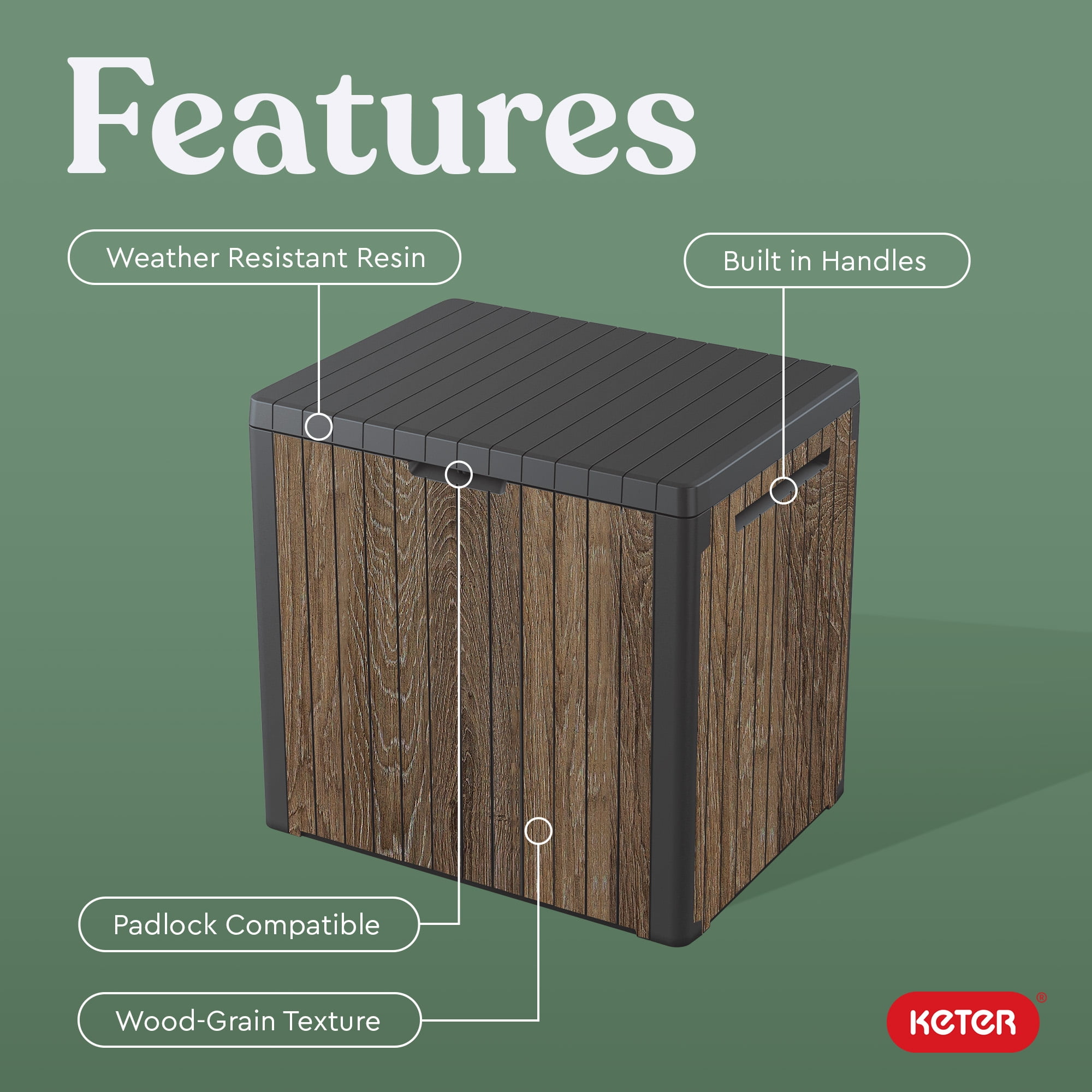 Keter Signature Everwood 30 Gallon Resin Outdoor Storage Box and Patio Furniture Side Table for Pool and Garden Accessories, Walnut