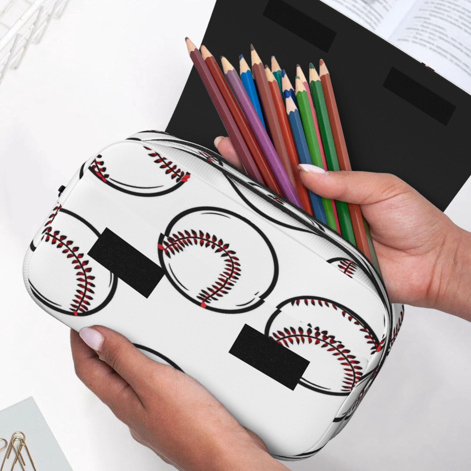 Large-Capacity Flip-Top Double-Layer Pencil Case, Multi-Functional Pocket Pen Case, Durable Stationery Organizer White Baseballs With Classic Red Stitching
