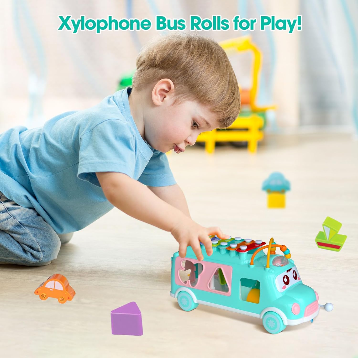 Baby Xylophone for Toddlers 18M+, Bus Shaped Toy Xylophone for Kids with Child Safe Mallet, Shape Sorting Educational Musical Toys and Instruments for Toddlers 1-3