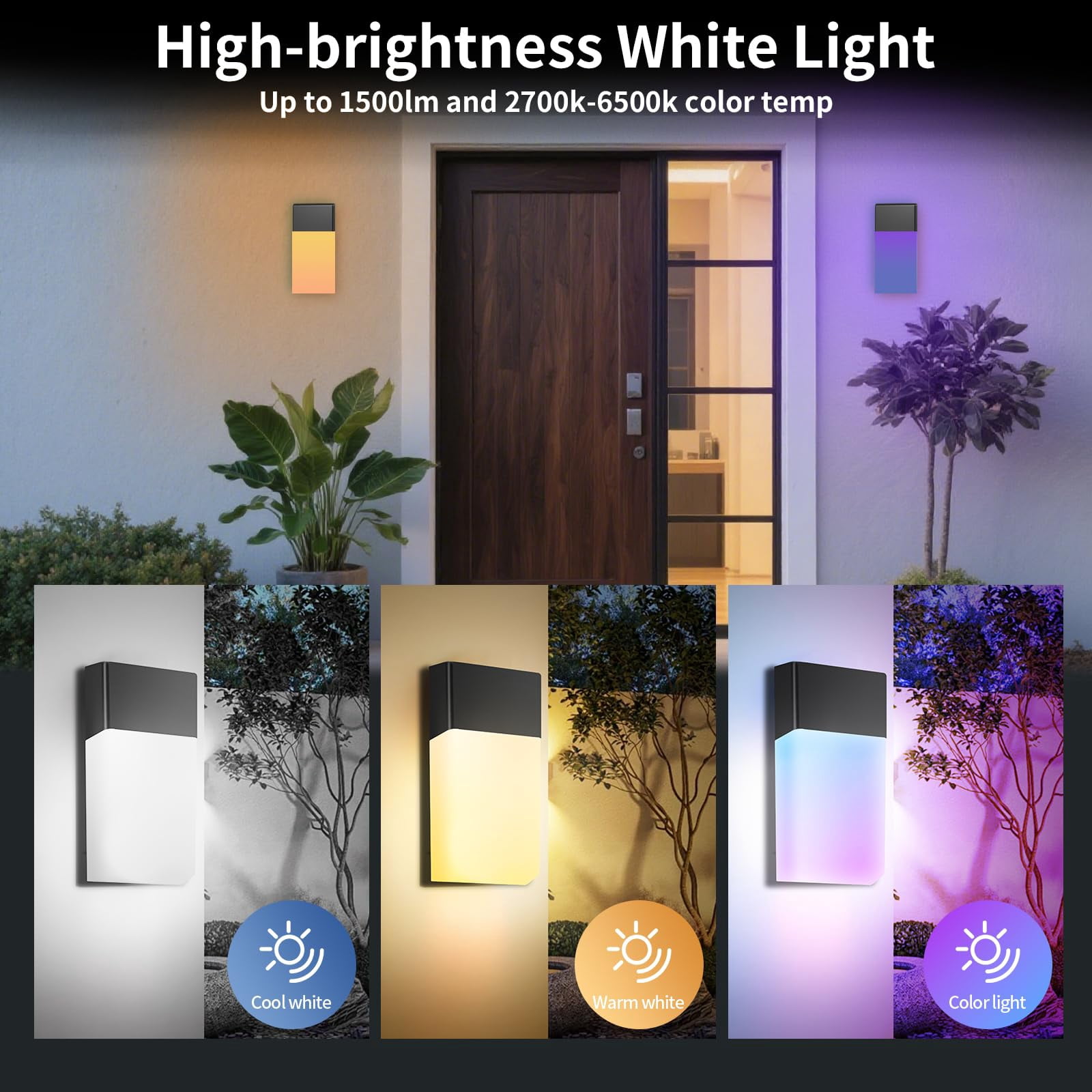 Outdoor Wall Lights Rgb  1500lm Smart Exterior Porch Sconces Mounted Lighting Ip65 Waterproof Diy For Garden Garage And Patio - Ideal Festivals The Christmas Parties 2 Pack