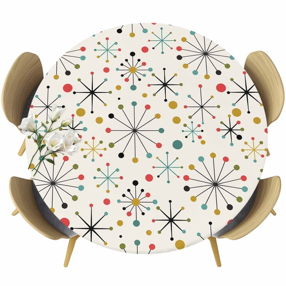 Mid-Century Modern Round Fitted Tablecloth with Elastic Edge, Retro Geometric Colorful Star Shape Lines Stretch Table Covers for 36"-44" Tables Wipeable Table Cloth for Outdoor