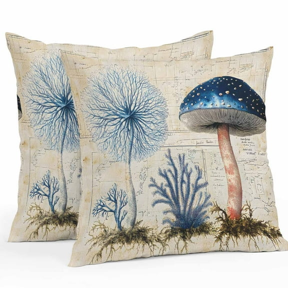 Waterproof Throw Pillow Covers Set of 2, 24x24 Inch Blue Mushroom Decorative Pillowcases Outdoor Pillow Slip Cushion Covers Set for Couch Tent Spring Watercolor Botanical Tree Branch