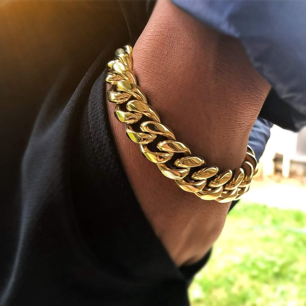Mens Heavy Miami Cuban Link Chain Choker 14k Gold Plated Hip Hop Thick Stainless Steel 8mm/10mm/12mm/14mm/16mm Necklace/Bracelet
