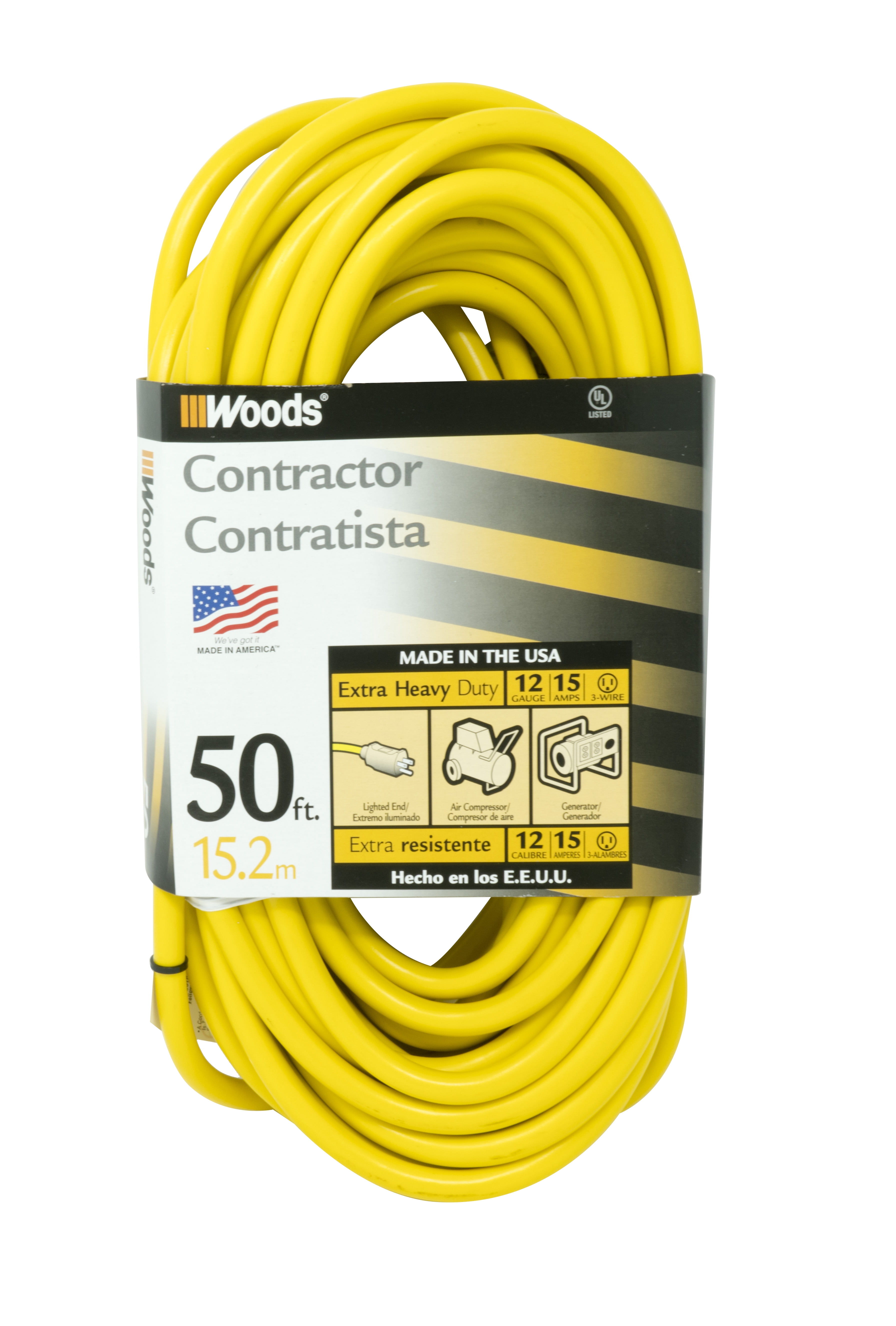 Yellow Woods 982554 50-Feet 12/3 SJTW High Visibility Extension Cord 