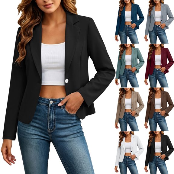 Business Casual Outfits for Women Women's Short Blazer Long Sleeved Lapel Business Casual Blazer Black S