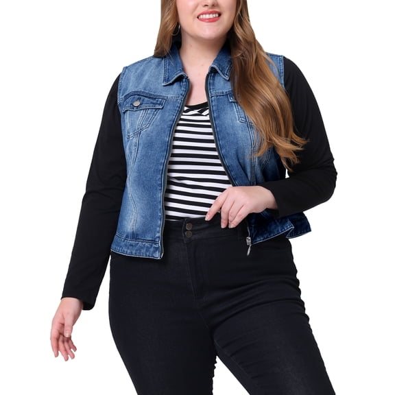 Agnes Orinda Women's Plus Size Denim Vest Sleeveless Zip Up Button Down Jeans Jacket 4X Navy Blue