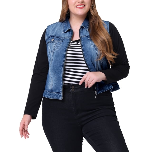 GRACE & GRANDEUR Women's Plus Size Trucker Zipper Front Sleeveless Denim Vest Jacket