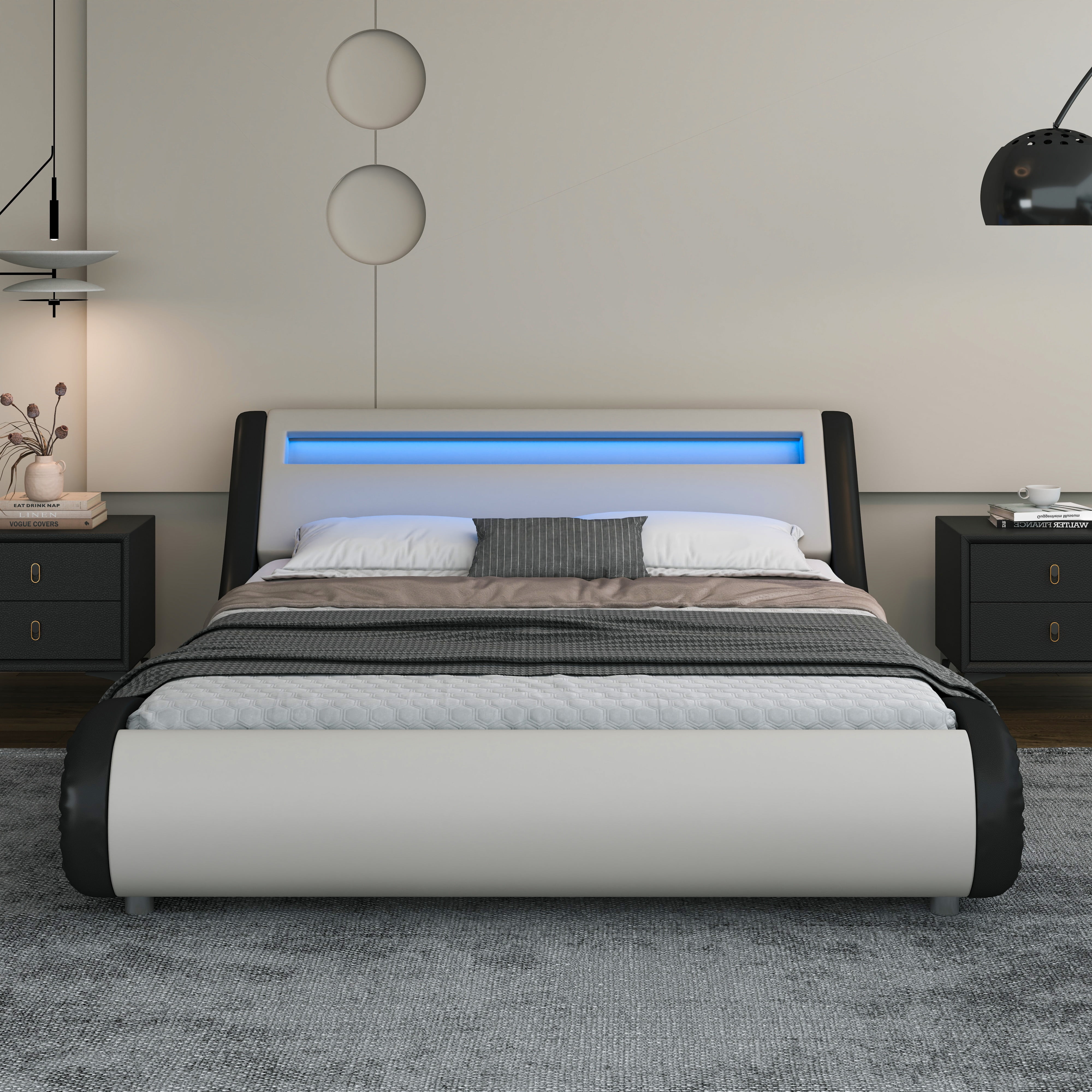 Sha Cerlin Full Size Wave-Like Curve PU Leather Platform Bed Frame with Adjustable Headboard and LED Lights, White+Black