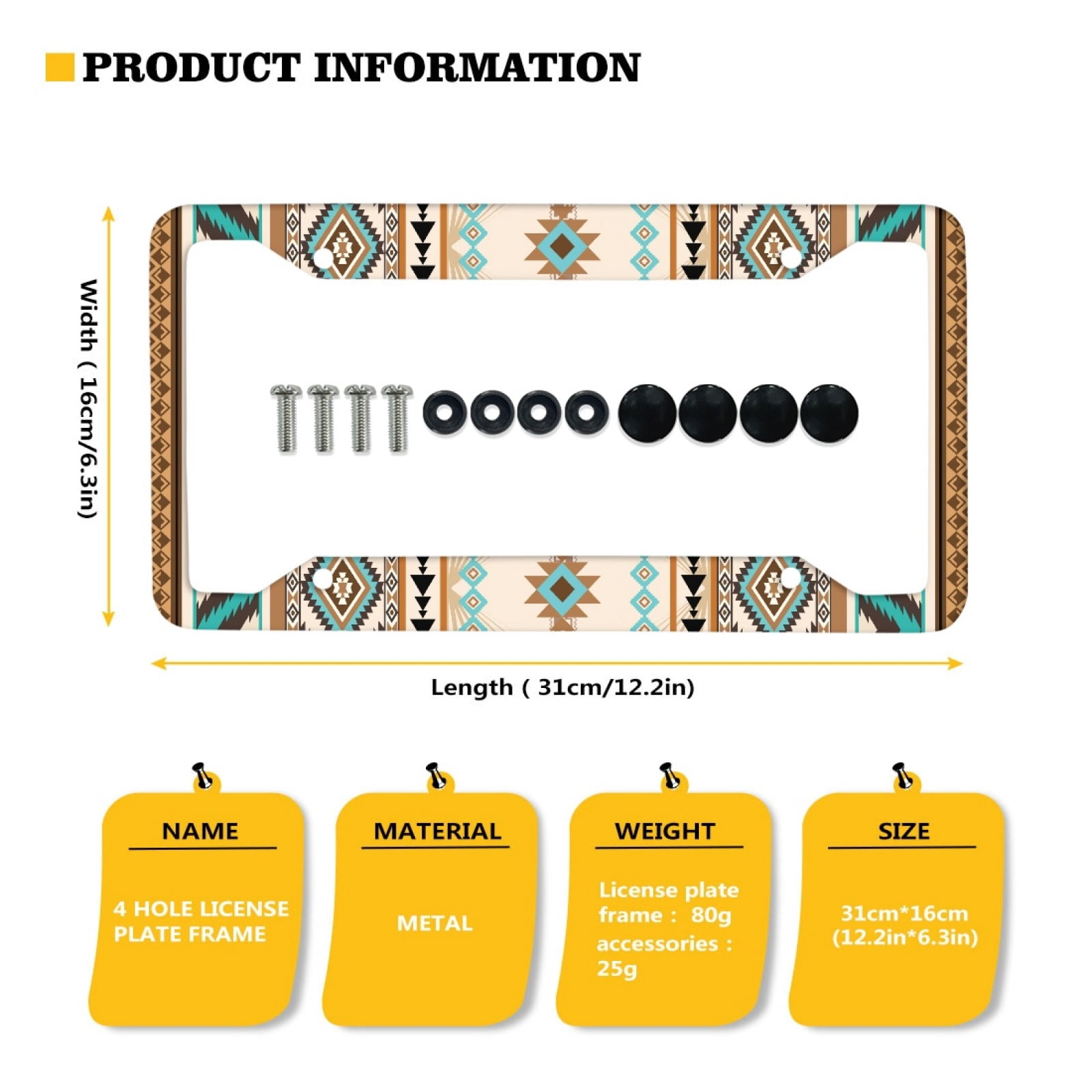 Renewold Southwest American Tribal Beige Blue Car License Plates Frame for Women Men, Car Tag with Screw Caps, Car Accessories Applicable to Standard US License, Set of 2