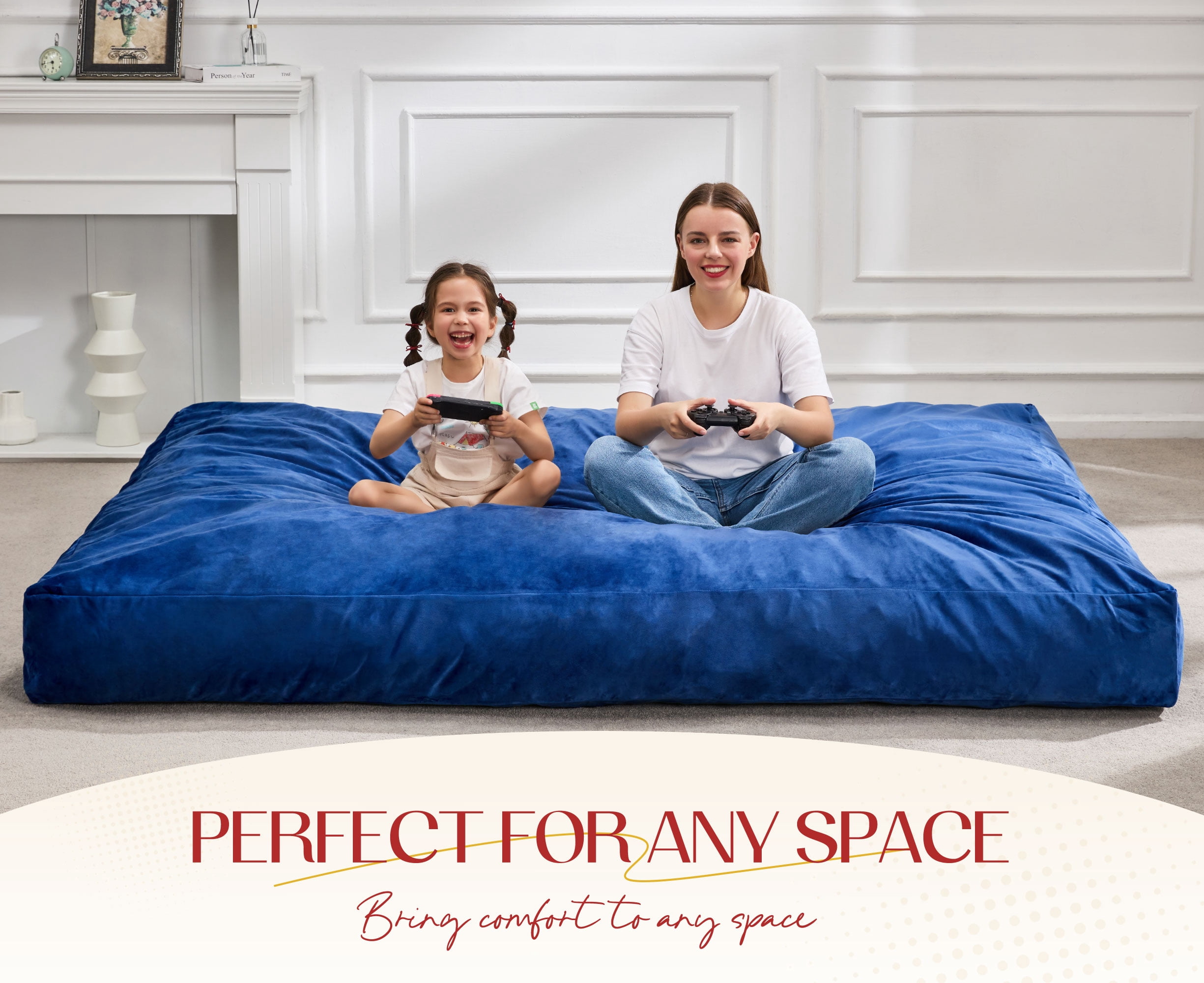 Hobestluk Bean Bag Chair 3 in 1 Beanbag Chairs for Adults, Large Bean Bags with Removable Velvet Cover, Convertible Adult Bean Bag Chair for Living Room, Bedroom, Playroom (Blue, Queen)