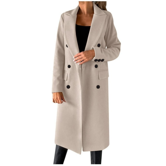Manteau Caban Double pour Femmes Long Élégant Uni Hiver Mode Léger Transition Col à Revers Veste Décontractée