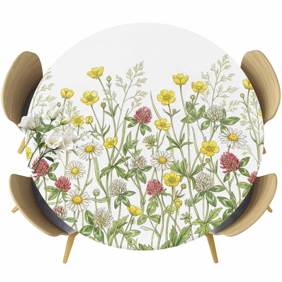 Round Table Cover 45-54 Inch Spring Floral Waterproof Reusable Table Cloth Round Fitted Vinyl Tablecloth with Elastic Edged for Parties Outdoors, Vintage Country Flowers Botanical Watercolor