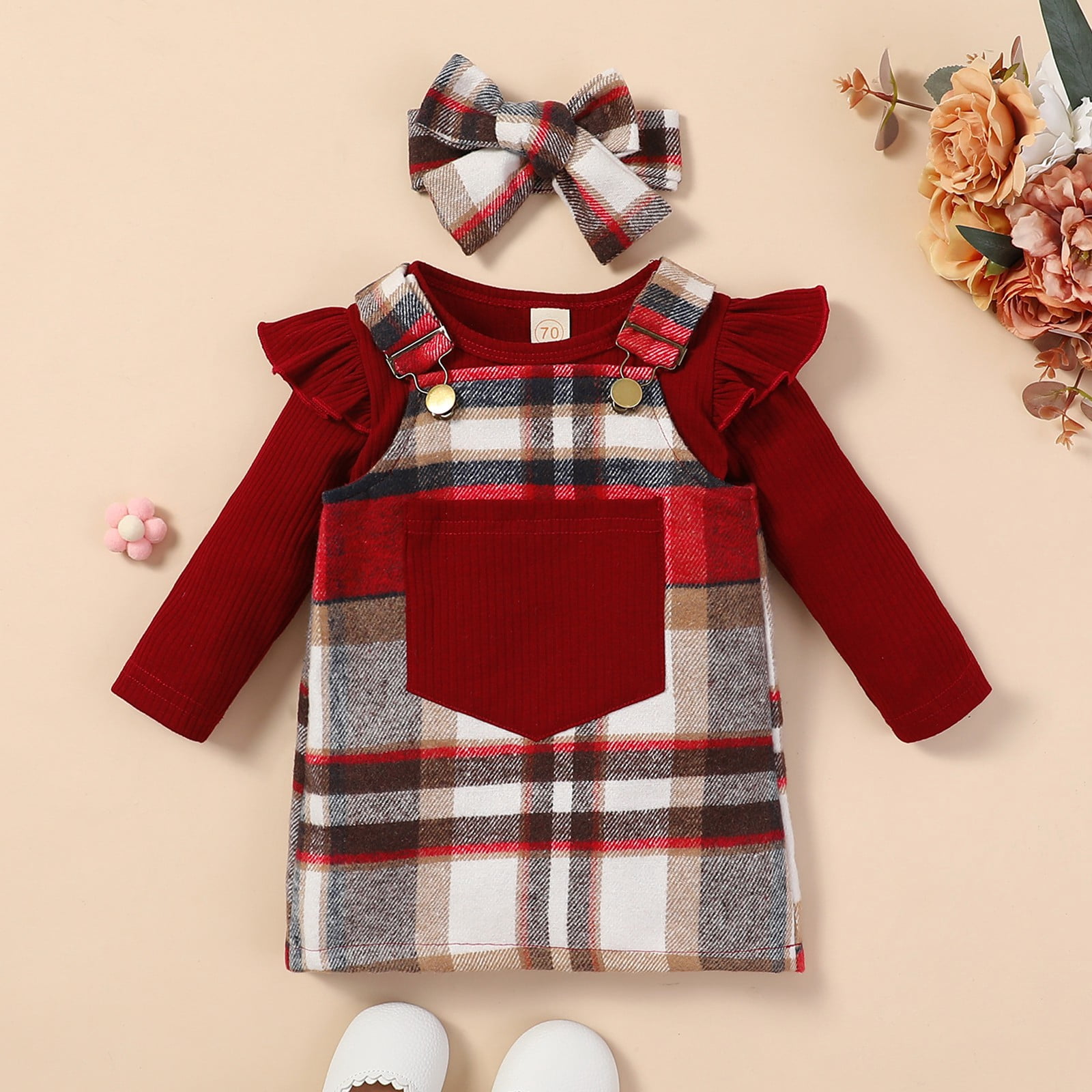 URMAGIC Infant Baby Girl Clothes Ruffled Long Sleeve Top Rompers Plaid Halter Dress Headband Newborn 3Pcs Fall Winter Outfits