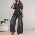 thumbnail image 2 of sususu Womens Jumpsuit V Neck Faux Denim Fabric Belted High Waist Playsuit Casual One Piece Outfits Wide Leg Romper with Pockets ,Black,M, 2 of 5