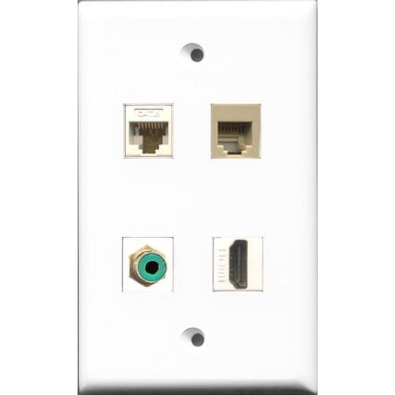 RiteAV 1 Port HDMI and 1 Port RCA Green and 1 Port Phone RJ11 RJ12 Beige and 1 Port Cat6 Ethernet White Wall Plate