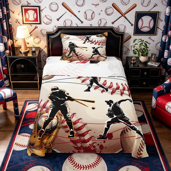 Castle Fairy Sport Baseball Twin Sheets 3pcs, Ball Gamer Bedding, Black White,1 Fitted Sheet, 1 Flat Sheet and 1 Pillowcase