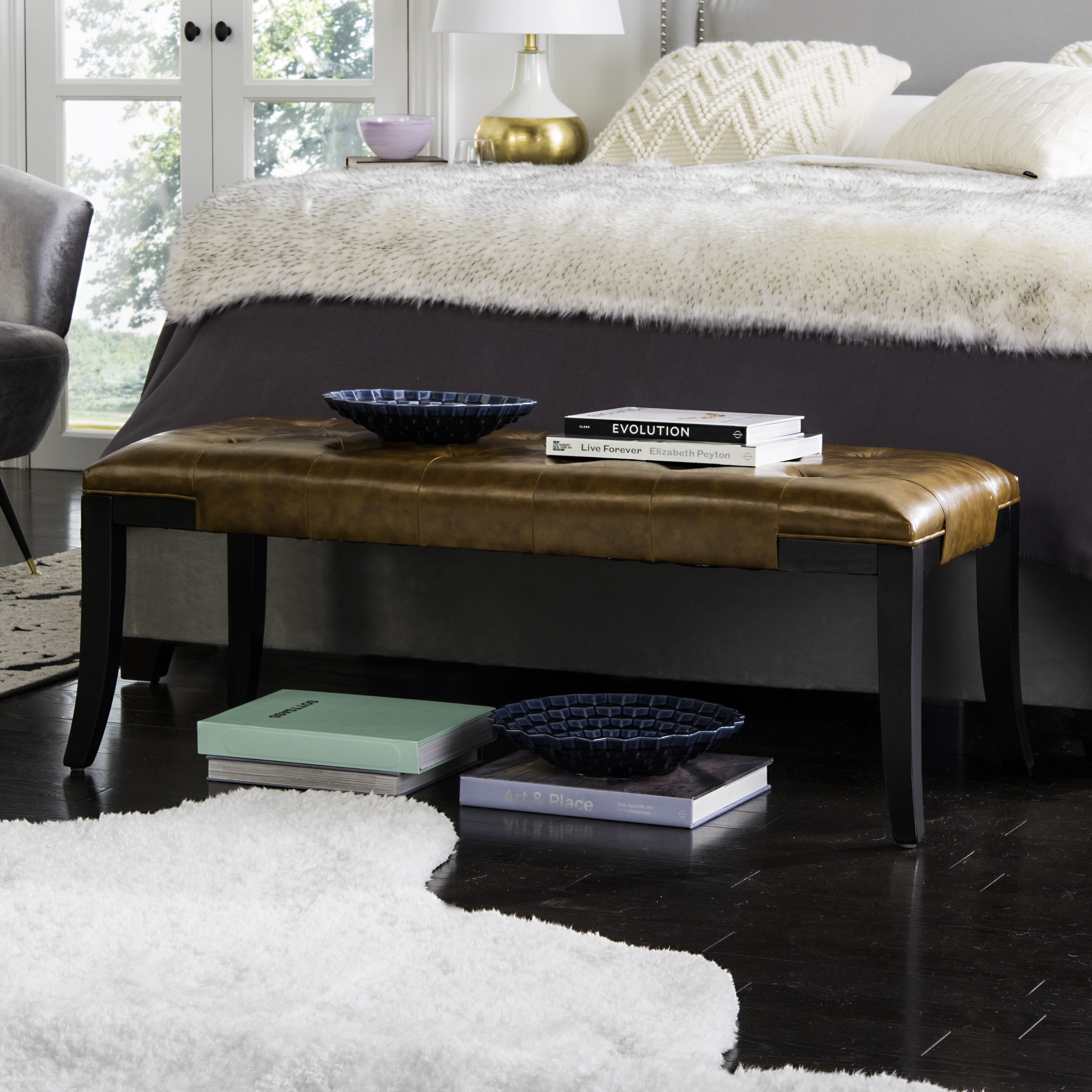SAFAVIEH Tyler Rustic Curved Leather Tufted Bench, Saddle
