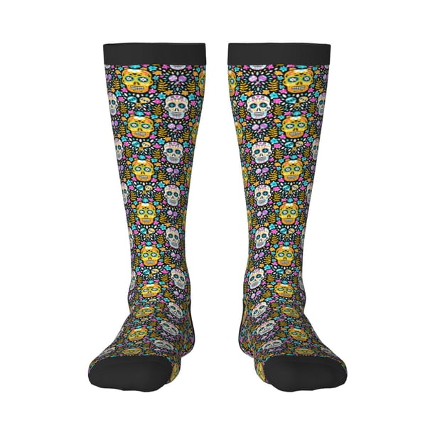 Fotbe Sugar Skulls Calcetas Divertidas Estampadas para Hombre y Mujer, Calcetas de Algodón hasta la Rodilla para Caminar, Correr, Enfermería y Embarazo
